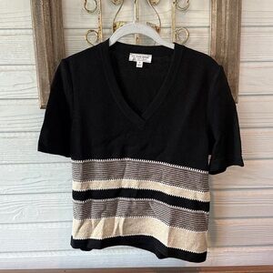 St. John Sport by Marie Gray Black Gold Shimmer Knit V Neck Short Sleeve Top